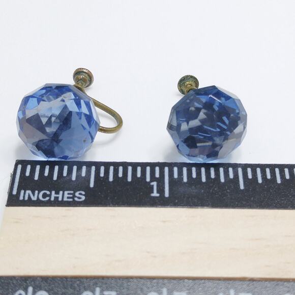 Vintage Blue Crystal Seamed Glass Earrings, Screw Backs, 1940s Jewelry - Picture 5 of 10